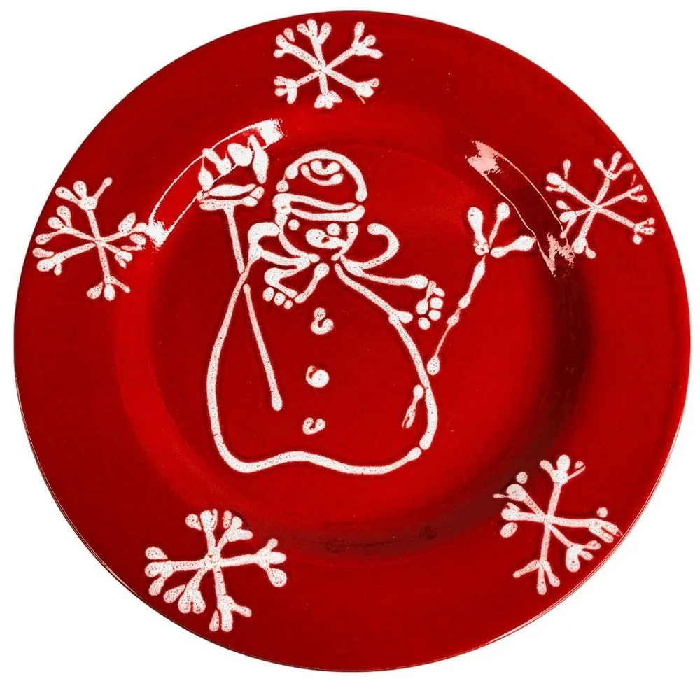 2 La Primula Christmas Snowman Dinner Plates Red & White Made in Italy‎ 10 1/4